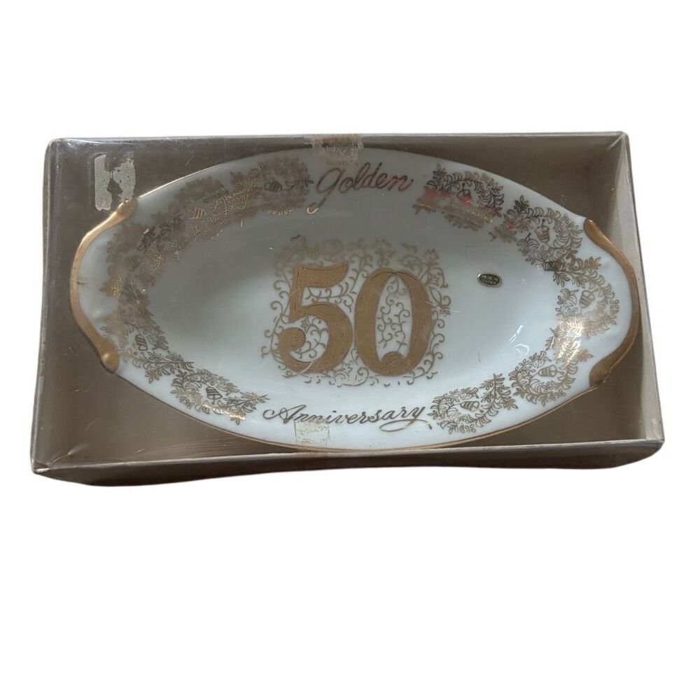 Vintage Norcrest Fine China 50th Golden Anniversary Oval Dish In Original Box